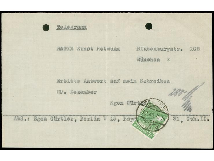 1946, Arbeiter 10 Pfg. mit Stempel “BERLIN W15 13.02.48” auf provisorischem Einlieferungsschein für ein Telegramm nach Münche