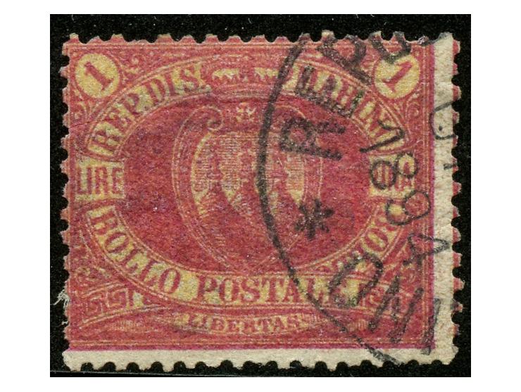 1892, 1 l. carmine on yellow, watermark crown, thin paper, used, usual perforation faults, otherwise fine. (Sassone 20)