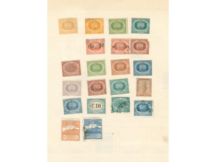 1877/1950, collection on 18 album pages, unused and used, including Mi.100-104, 125-30, 140, P60, mainly fine.