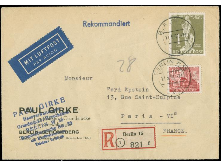 1949, Stephan 1 M. und Bauten 40 Pfg. je mit Stempel “BERLIN W15 17.5.51” als tarifgerechte Frankatur auf R-Luftpostbrief bis