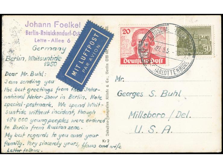 1949, Goethe 20 Pfg. und Bauten 50 Pfg. mit Sonderstempel “BERLIN-CHARLOTTENBURG 27.5.50” als tarifgerechte Frankatur auf Luf