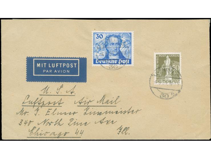 1949, Goethe 30 Pfg. und Stephan 50 Pfg. je mit Stempel “BERLIN W30 4.5.50” als portogerechte Frankatur auf Luftpost-Brief bi