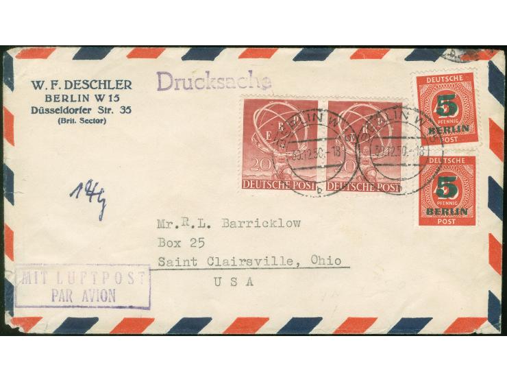 1950, ERP 20 Pfg. im waagerechten Paar und zwei Einzelwerten Grünaufdruck 5 Pfg. je mit Stempel “BERLIN W15 30.12.50” als por