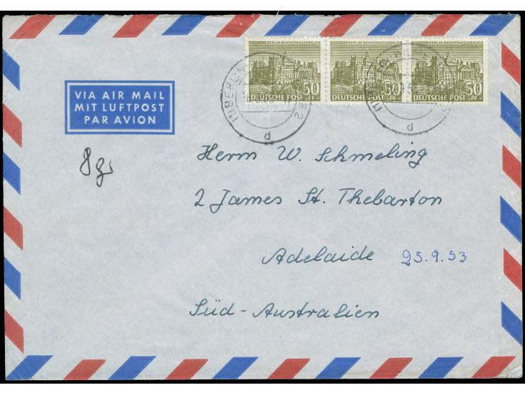 1949, Bauten 50 Pfg. im waagerechten Dreierstreifen mit Stempel “BERLIN-WILMERSDORF 2 25.09.53” als portogerechte Mehrfachfra