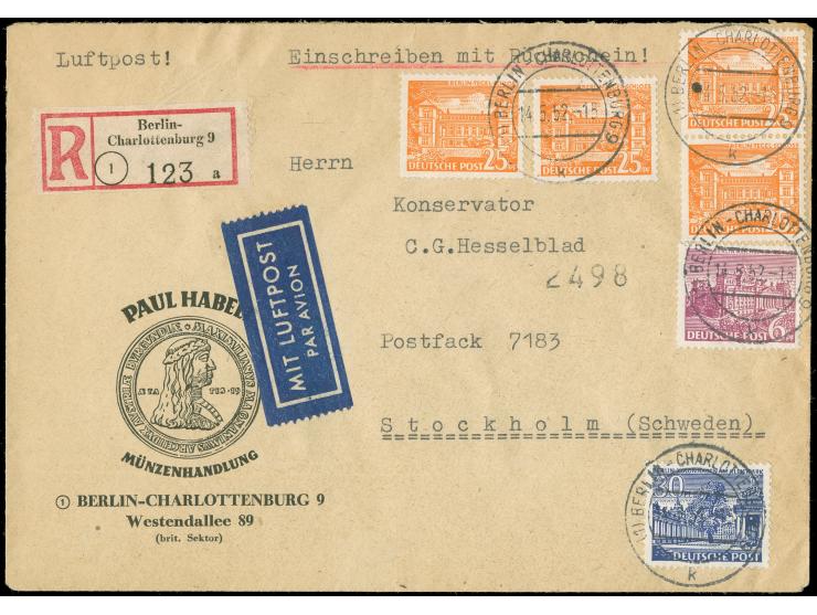 1949, Bauten 30 Pfg, senkrechtes Paar und zwei Einzelwerte 25 Pfg. und Einzelwert 6 Pfg. jeweils mit Stempel “BERLIN-CHARLOTT