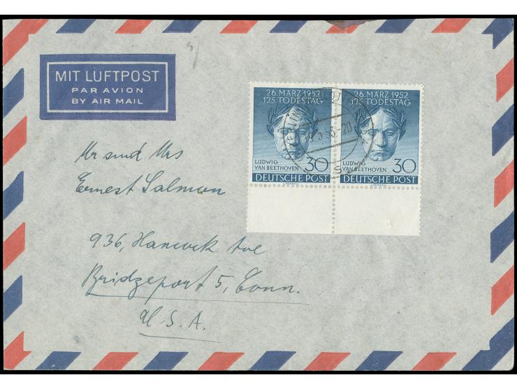 1952, Ludwig van Beethoven 30 Pfg. im waagerechten Unterrandpaar mit Stempel “BERLIN-CHARLOTTENBURG 4 19.5.53” als portogerec