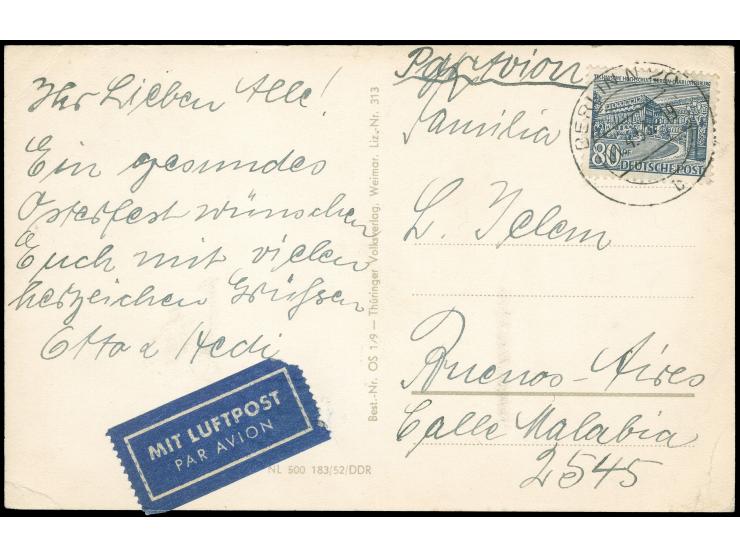 1949, Bauten 80 Pfg. mit Stempel “BERLIN N20 1.4.53” als portogerechte Einzelfrankatur auf Luftpost-Karte mit Text nach Bueno