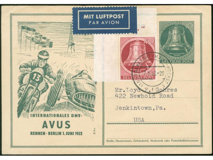 1952, Sonderkarte “Avus” 10 Pfg. mit portogerechter Zufrankatur Glocke III 40 Pfg. aus der linken oberen Bogenecke mit Stempe