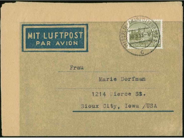 1949, Bauten 50 Pfg. mit Stempel “BERLIN-CHARLOTTENBURG 2 10.9.55” als portogerechte Einzelfrankatur auf Luftpostleichtbrief-
