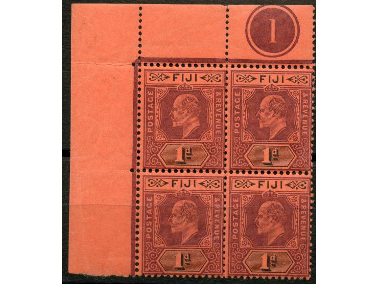 1903, KEVII 1 d. dull purple and black on red, top left corner margin block with plate number “1” on top, mint never hinged, 