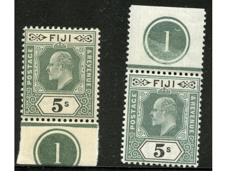 1903, KEVII 5 sh. green and black, two stamps top and bottom margin, both showing plate number “1” and colour shades, unused,