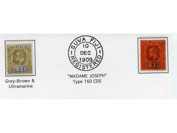 1903, KEVII two stamps £1 grey-black and ultramarine, £1 purple and black on red, good perforations, each clear cancelled wit