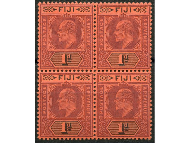 1904/09, KEVII 1 d. purple and black on red, block of four, unused, bottom pair mint never hinged, otherwise very fine and fr