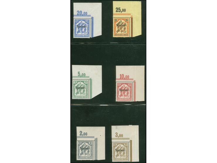 1905, Zähldienstmarken für Baden 2 Pfg.- 25 Pfg. mit Aufdruck “Specimen”, einheitlich als rechtes oberes Eckrandstück, 5 Pfg.