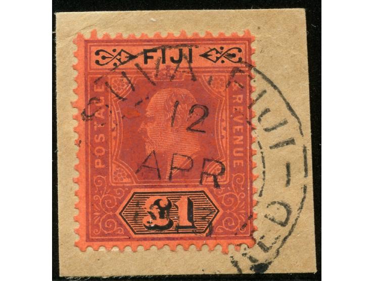 1904/12, KEVII £1 purple and black on red, watermark multiple crown CA, tied to piece by Suva Registered 12 APR 1913 cds., fi
