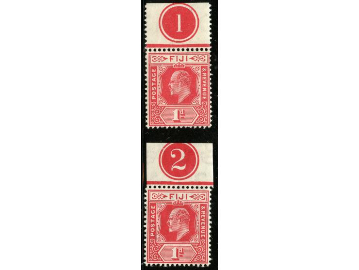 1906/12, KEVII 1 d. red, two stamps top and bottom margin, showing plate numbers “1” and “2”, stamps mint never hinged, hinge