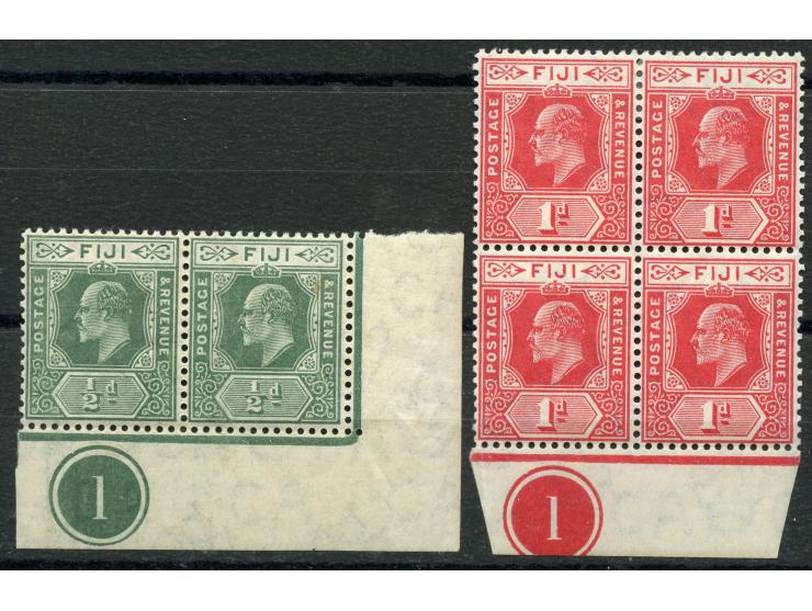 1906/12, KEVII ½ d. green corner margin pair and 1 d. red bottom margin block of four, each showing plate number “1”, stamps 