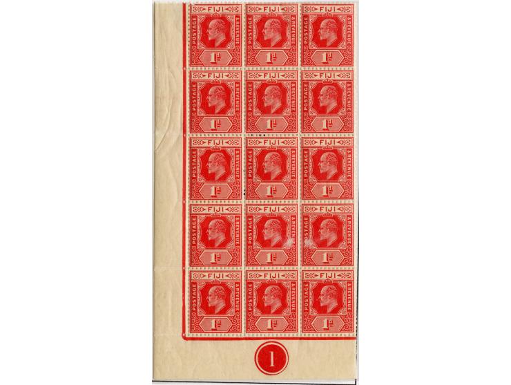 1906/12, KEVII 1 d. red bottom left corner margin block of 15, showing plate number “1”, stamps unused and mint never hinged,