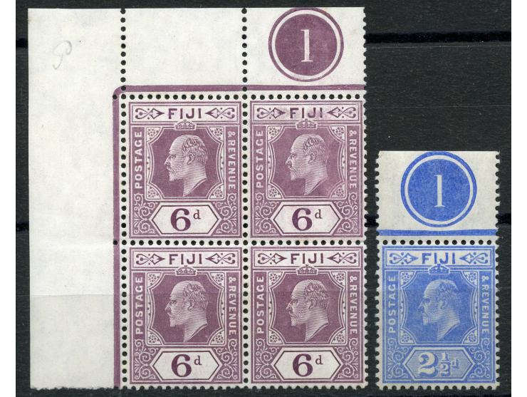 1906/12, KEVII 6 d. dull purple, top left corner margin block of four, showing plate number “1” on top, stamps unused and min