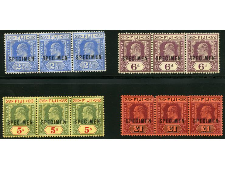 1906/12, set of four values to £1 unused, mint never hinged strips of three, wmk. multiple script CA, all overprinted SPECIME