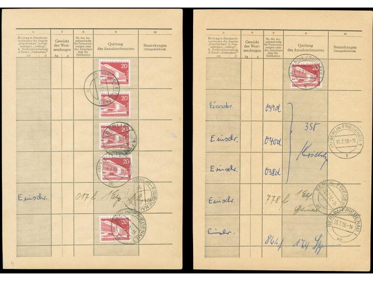 1956, Stadtbilder 20 Pfg. mit Stempel “BERLIN-FRIEDENAU 1 7.7.58” auf Einlieferungsseite für ein Päckchen komplett mit linker
