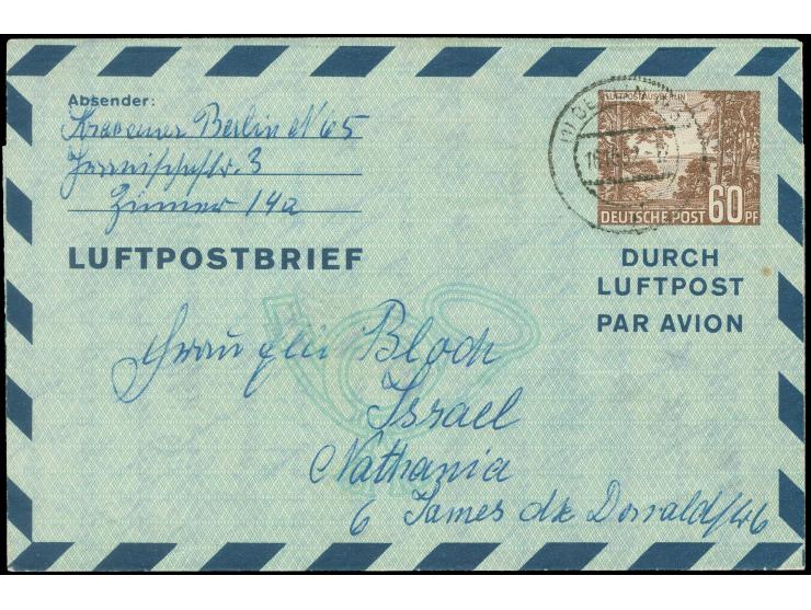 1952, Luftpostfaltbrief 60 Pfg. mit Stempel “BERLIN W57 16.10.52” und rückseitigem Rohrpoststempel “BERLIN SW11 16.10.52.12.0