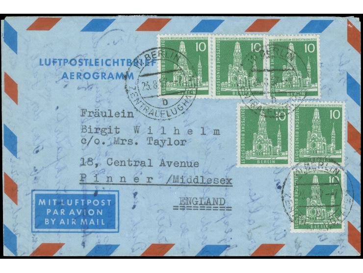 1956, Stadtbilder 10 Pfg., sechs Einzelwerte mit Stempel “BERLIN ZENTRALFLUGHAFEN b 23.8.57” auf Vordruck-Luftpostleichtbrief
