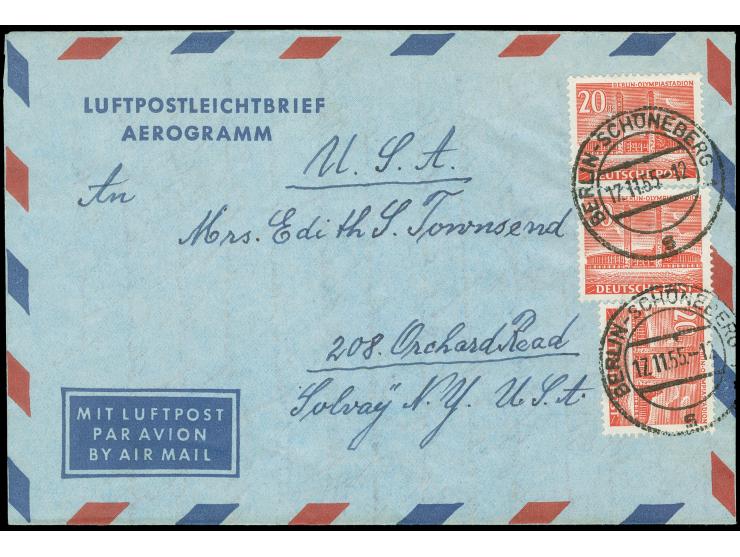 1953, Bauten II 20 Pfg., drei Einzelwerte mit Stempel “BERLIN-SCHÖNEBERG 1 17.11.55” als portogerechte Mehrfachfrankatur auf 