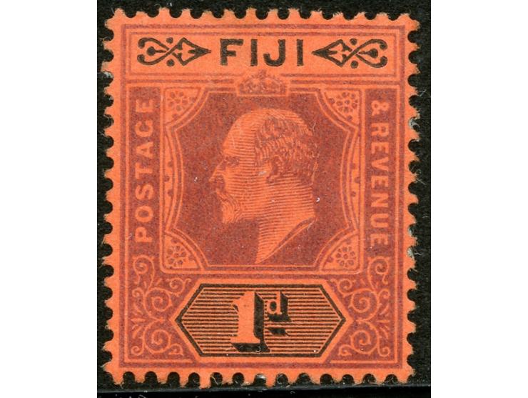 1904/09, KEVII Spavin Flaw: 1 d. purple and black on red, unused, this moderate flaw is a broken frame at right of the crown.