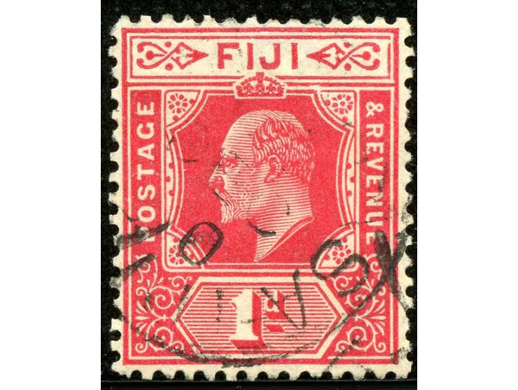 1906/12, KEVII Spavin Flaw: 1 d. red, used, plate flaw “damaged frame and crown”. It occurs on the third stamp in the first r