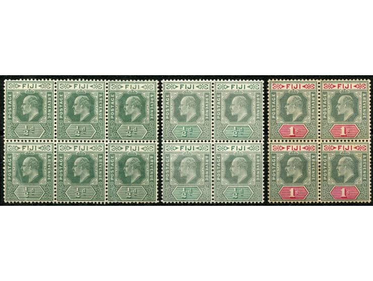 1904/12, KEVII ½ d. green, ½ d. green and pale green, 1 sh. green and carmine, unused, three blocks of four and six, fine tri