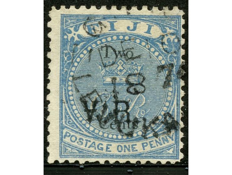 1874, Overprinted at "The Polynesian Gazette", Levuka: 2 c. on 1 d. blue overprinted Gothic V.R. (Type 5) in black, a fine us