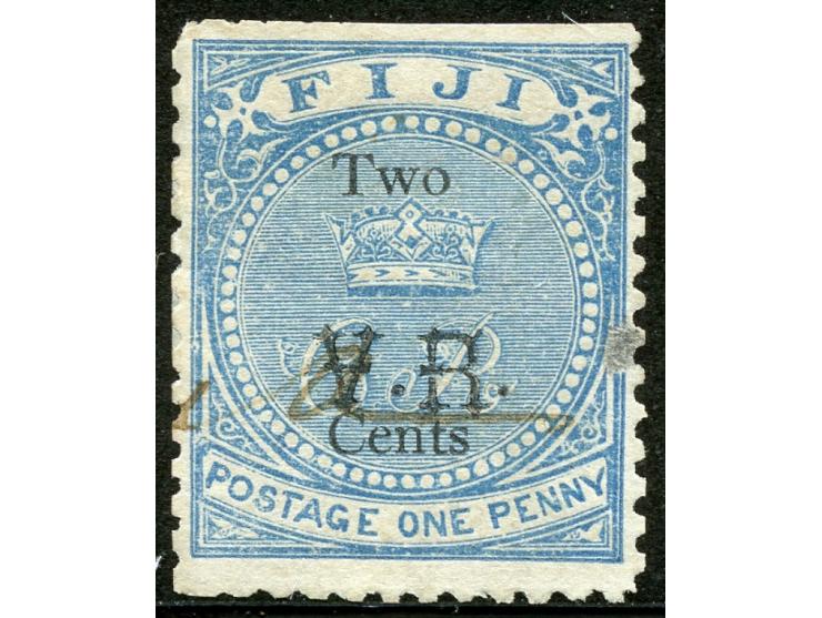 1874, Overprinted at “The Polynesian Gazette” Levuka: 2 c. on 1 d. blue, overprinted Gothic V.R. (Type 5) in black, a used ex
