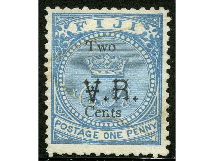 1874, Overprinted at “The Polynesian Gazette” Levuka: 2 c. on 1 d. blue, overprinted Gothic V.R. (Type 5) in black, a used ex