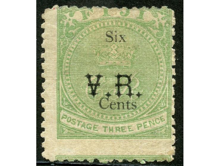 1874, Overprinted at "The Polynesian Gazette", Levuka : 6 c. on 3 d. green, tiny toned, overprinted Gothic V.R. (Type 5) in b