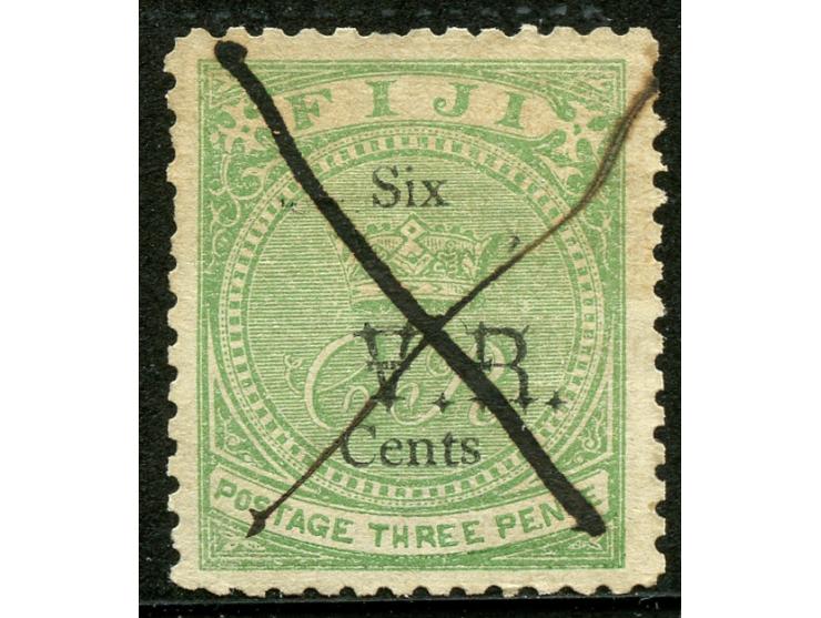 1874, Overprinted at "The Polynesian Gazette", Levuka : 6 c. on 3 d. green, tiny toned, overprinted Gothic V.R. (Type 5) in b
