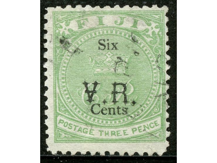 1874, Overprinted at "The Polynesian Gazette", Levuka : 6 c. on 3 d. green, light shade, overprinted Gothic V.R. (Type 5) in 