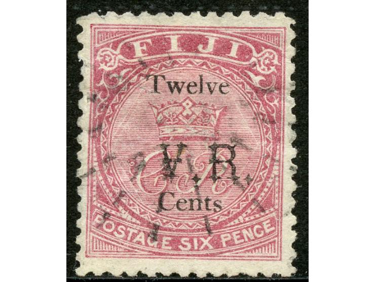 1874, Overprinted at "The Polynesian Gazette", Levuka : 12 c. on 6 d. rose, overprinted Gothic V.R. (Type 5) in black, a fine