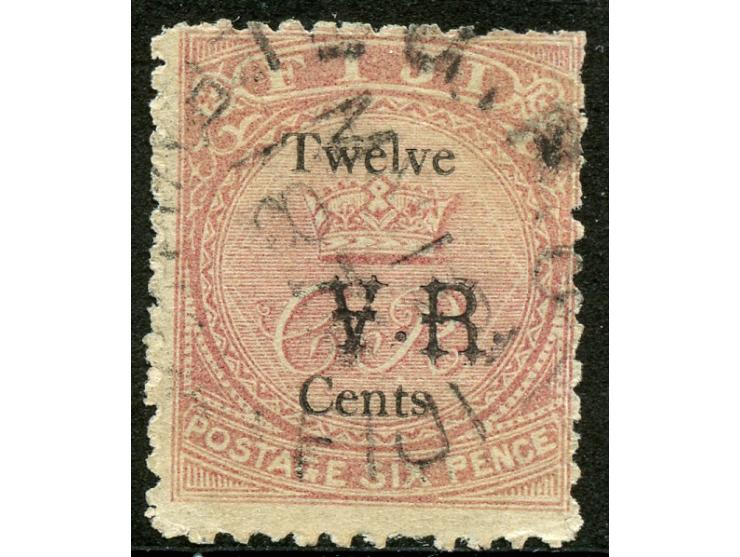 1874, Overprinted at "The Polynesian Gazette", Levuka : 12 c. on 6 d. dull rose, overprinted Gothic V.R. (Type 5) in black, w