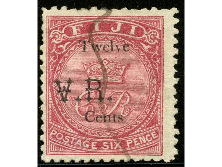 1874, Overprinted at "The Polynesian Gazette", Levuka : 12 c. on 6 d. dull rose, overprinted Gothic V.R. (Type 5) in black, v