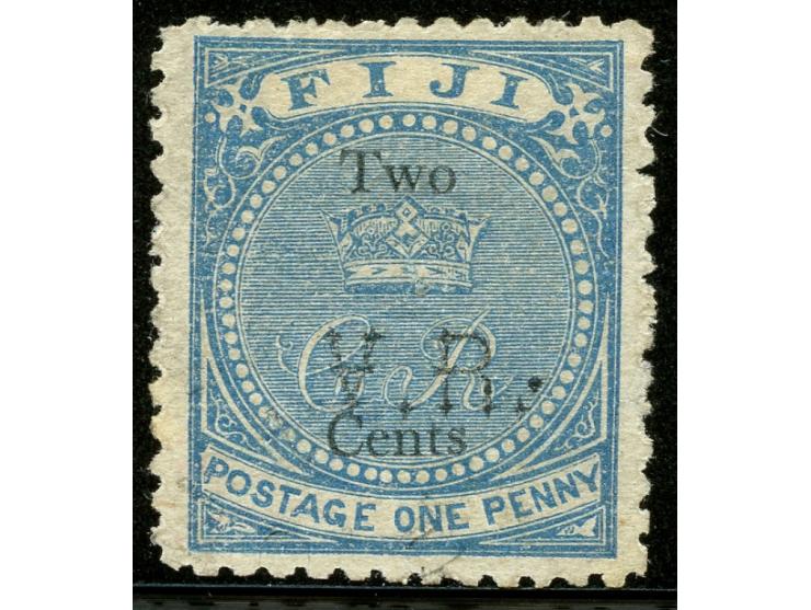 1874, Overprinted at "The Polynesian Gazette", Levuka: 2 c. on 1 d. blue overprinted Gothic V.R. (Type 5) in black, watermark