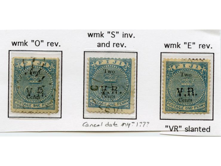 1874, Overprinted at "The Polynesian Gazette", Levuka: three stamps 2 c. on 1 d. blue overprinted Gothic V.R. (Type 5) in bla