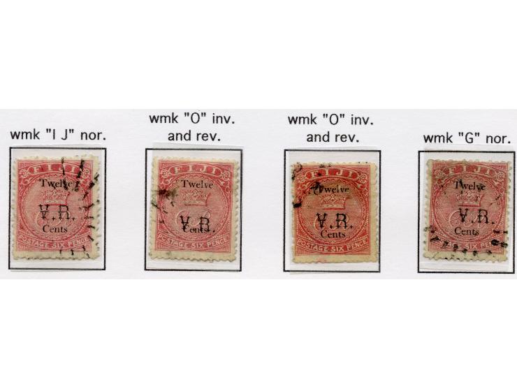 1874, Overprinted at "The Polynesian Gazette", Levuka: four stamps "Twelve Cents" surcharge on 6 d. rose, overprinted Gothic 