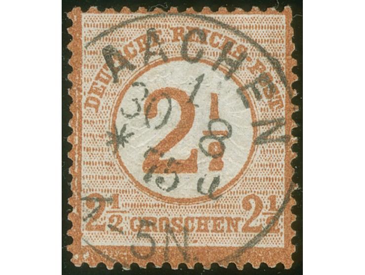 “AACHEN 1 *a 30.8.75” sehr klar auf Ausgabe 1874 2½ auf 2½ Gr., die farbfrische Marke ist gut geprägt, gut gezähnt und in ein