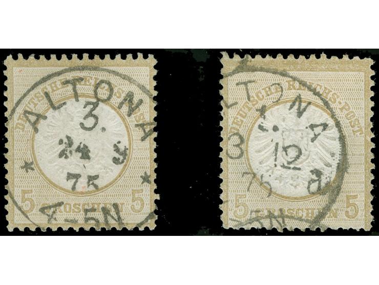 “ALTONA 1 a 3.12.75” bzw. “ALTONA 3 ** 24.9.75”, zwei klare Abschläge jeweils auf zwei Marken großer Schild 5 Gr. ockerbraun.