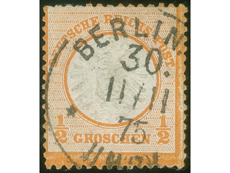 “BERLIN 30 ** 11.11.75” sehr klar und fast kpl. auf großer Schild ½ Gr. orange. Die Marke oben links mit verkürzten Zähnen, a