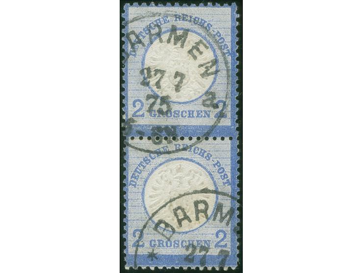 “BARMEN *a 27.7.75”, zwei klare Abschläge auf senkrechtem Paar großer Schild 2 Gr. grauultramarin. Die farbfrischen Marken si