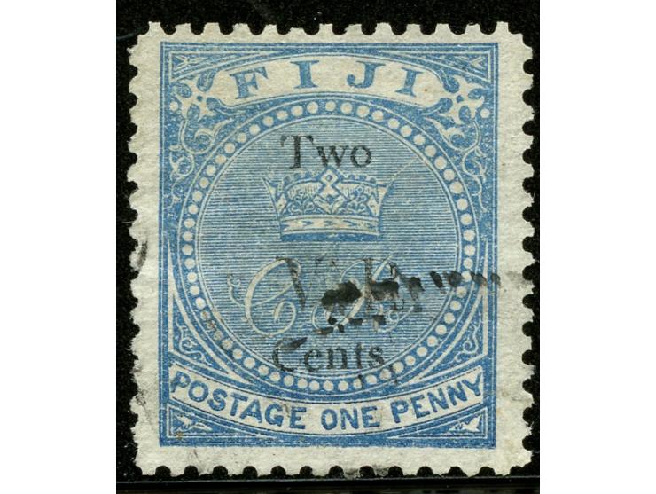 1874, Overprinted at "The Polynesian Gazette", Levuka: 2 c. on 1 d. blue overprinted Roman "V.R." (Type 6) in black, a fine u