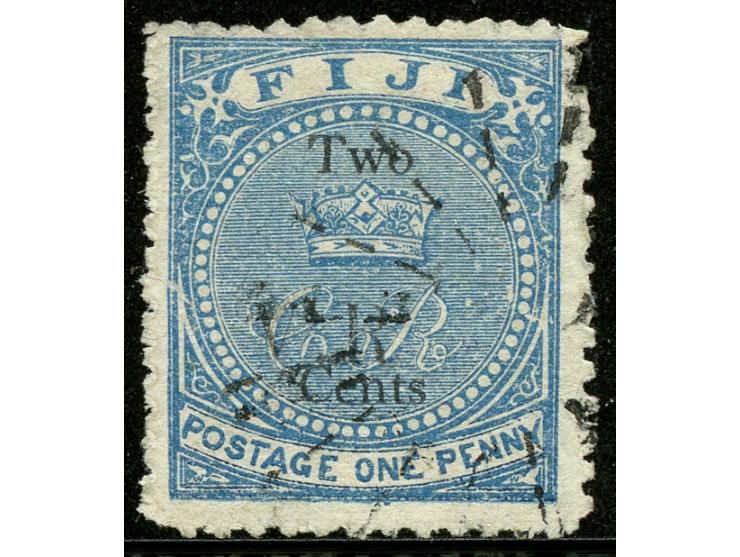 1874, Overprinted at "The Polynesian Gazette", Levuka: 2 c. on 1 d. blue overprinted Roman "V.R." (Type 6) in black, variety 