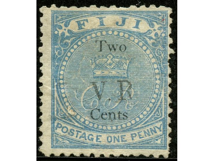 1874, Overprinted at "The Polynesian Gazette", Levuka: 2 c. on 1 d. blue overprinted Roman "V.R." (Type 6) in black, variety 